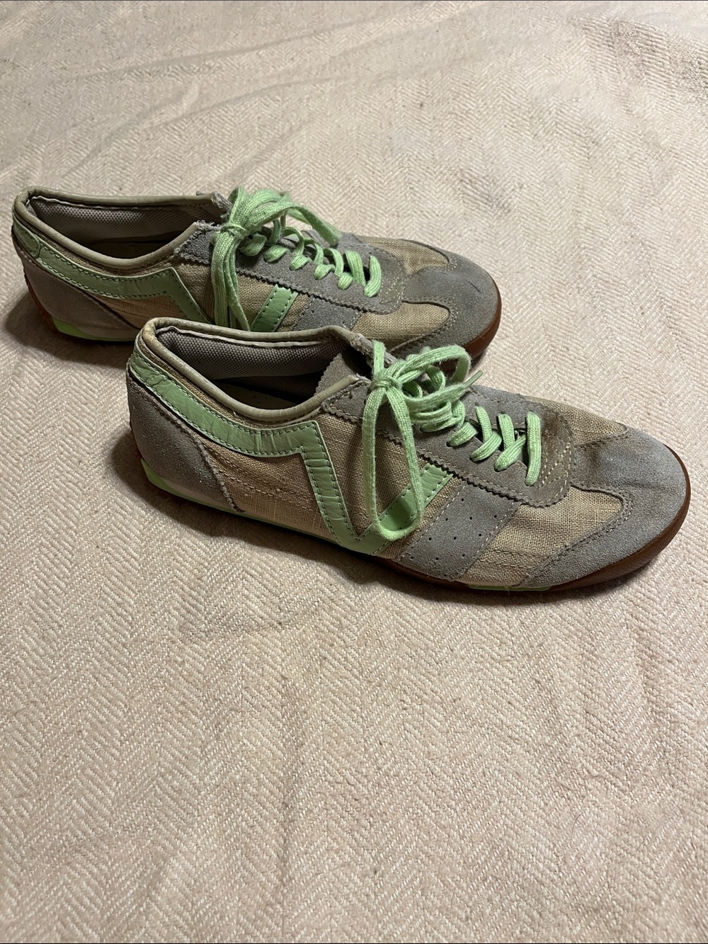 Light Grey Suede Sneakers with Mint Green Accents